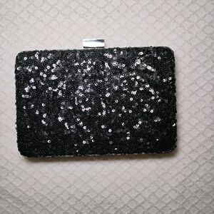 WHBM Evening Sequin Black Box Clutch Party Glam Sophisticated Classic Luxury